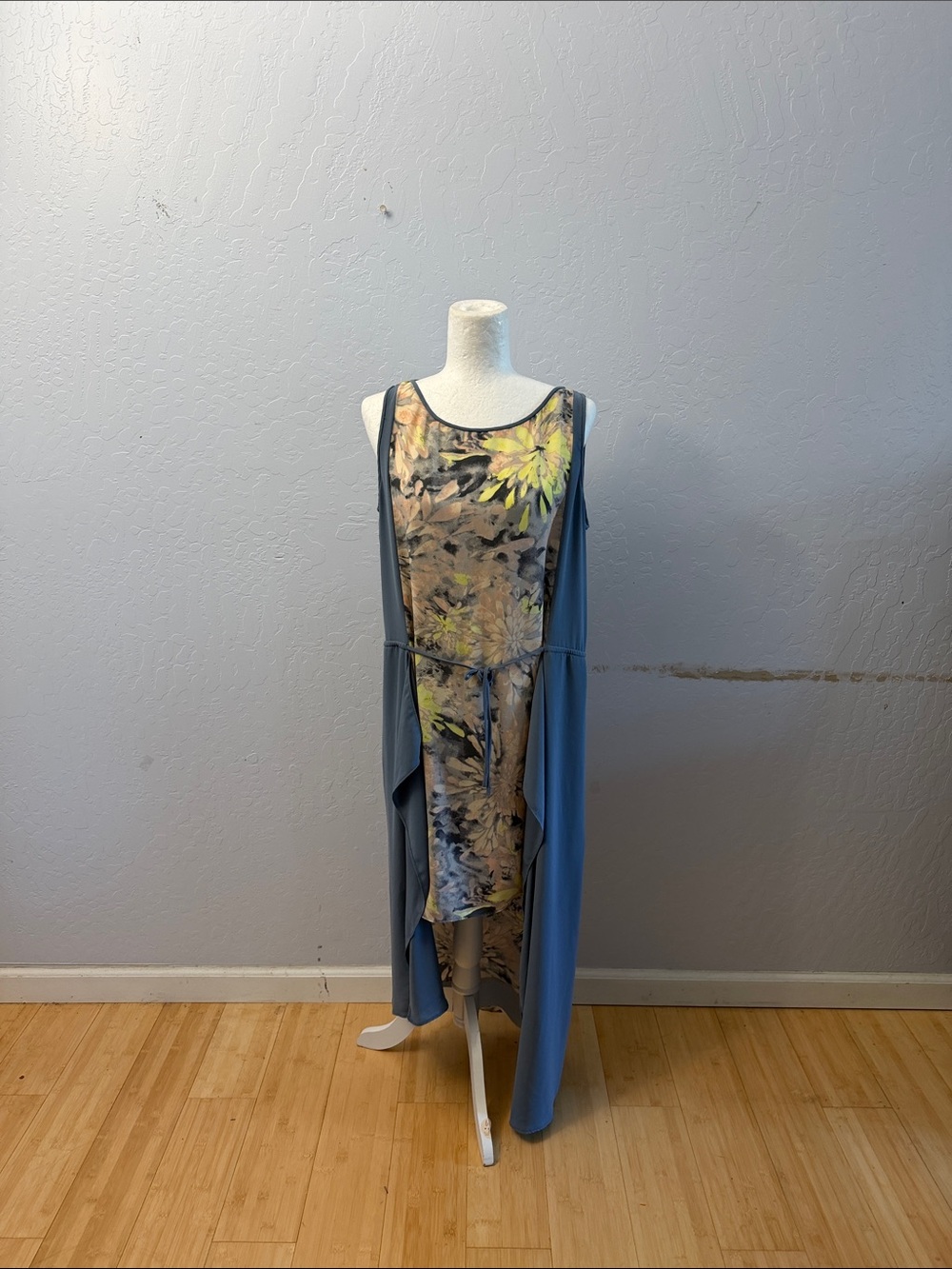 Sleeveless Floral Midi Dress with Slate Blue Drape Overlay